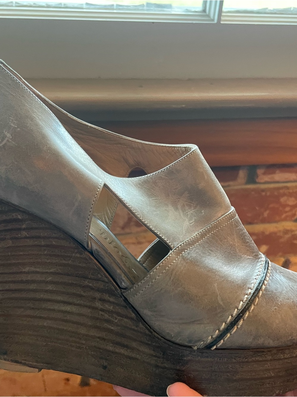 Chloe Grey Leather Peep Wedge Heels
